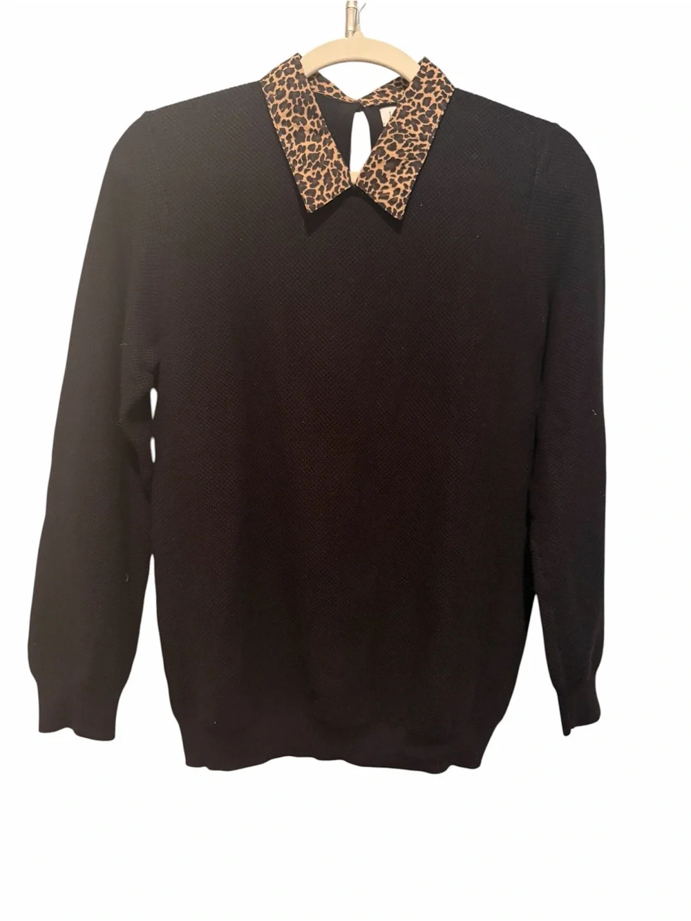 J. Crew Black Crewneck Long Sleeve Sweater w/ Leopard Print Collar Medium NWOT